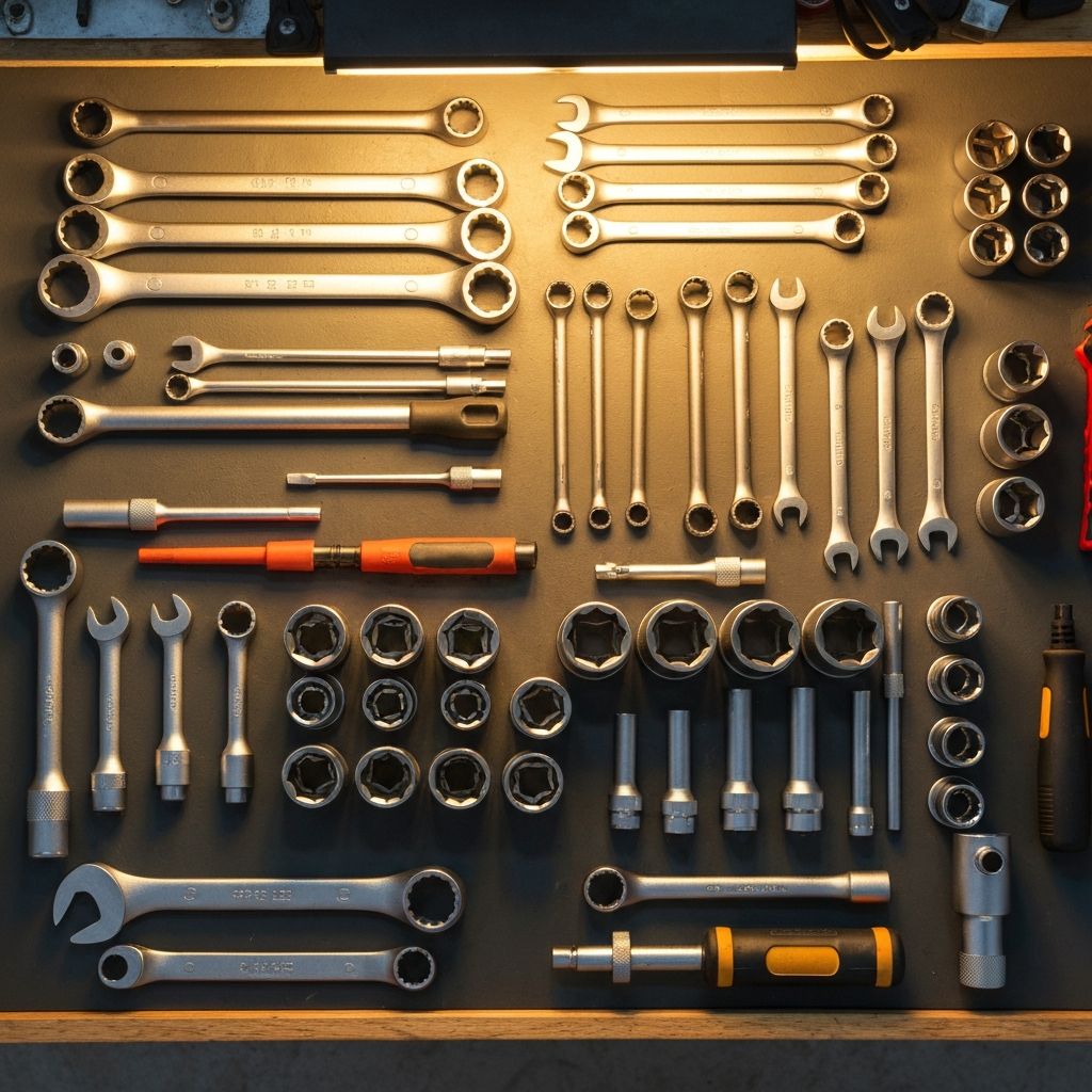 Professional mechanic tools laid out on a workshop bench